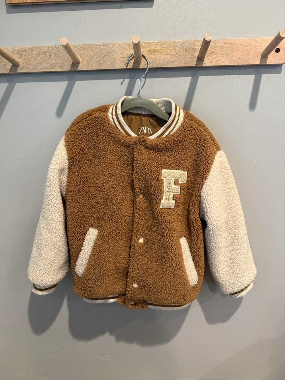 Zara Two-Tone Teddy Bomber Jacket in Brown and Cream
